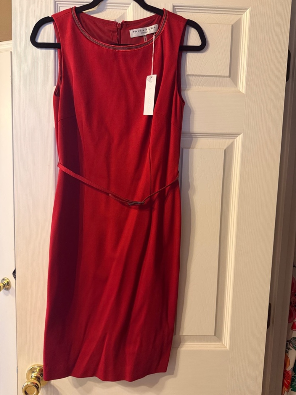 Trina Turk Red Sleeveless Midi Sheath Dress with Slim Belt